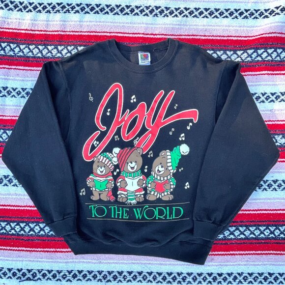 Vintage 1990s Fruit of the Loom “Joy to the World” Christmas Bears Sweatshirt - Picture 1 of 4